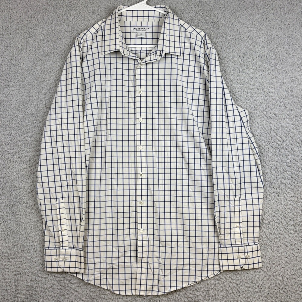 Mizzen Main Shirt Mens XXL White Blue Windowpane Check Performance Trim Fit Long